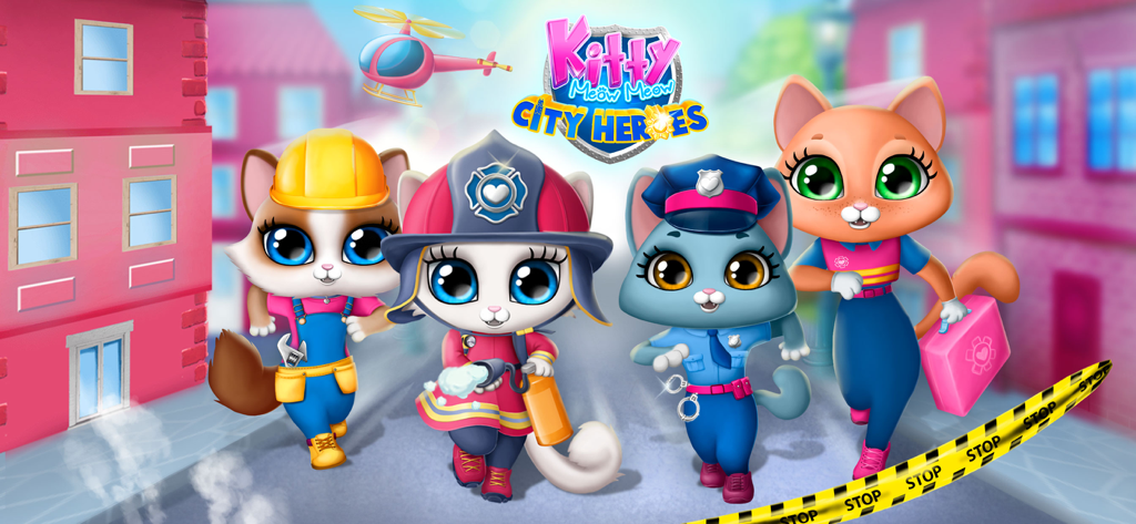 Kitty Meow Meow City Heroes - Four cute kitten characters dressed as a firefighter, police officer, engineer, and doctor in a city setting.