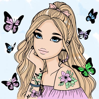 realistic girl with butterflies