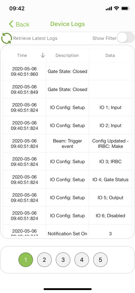 MyCentsys Pro - A chronological table of gate motor event logs showing device activity and configuration updates