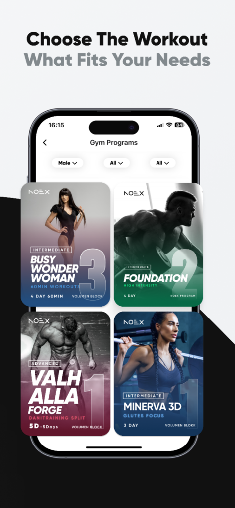 NOEX Training Platform - Interface do aplicativo NOEX mostrando uma lista de programas de treino de ginásio especializados para diferentes níveis de condicionamento físico.
