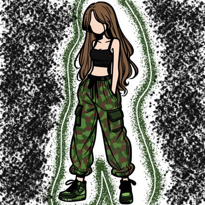 girl in baggy pants crop top and long hair