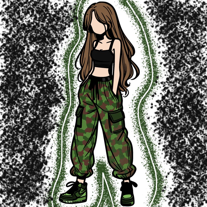 girl in baggy pants crop top and long hair