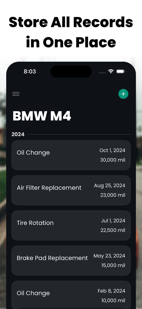 Car Maintenance: ServiceLog - A digital vehicle maintenance log showing service history entries for a BMW M4