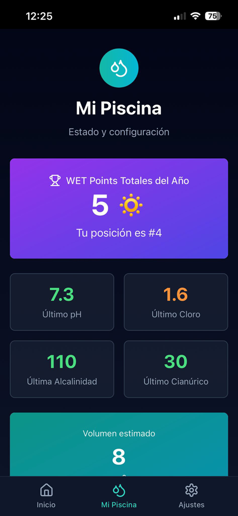 WET app Piscinas - Dashboard of WET app Piscinas showing pool maintenance metrics like pH and chlorine levels