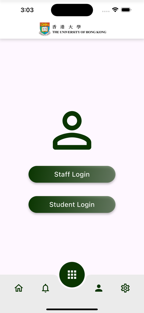 Login screen of The University of Hong Kong mobile app featuring Staff Login and Student Login buttons