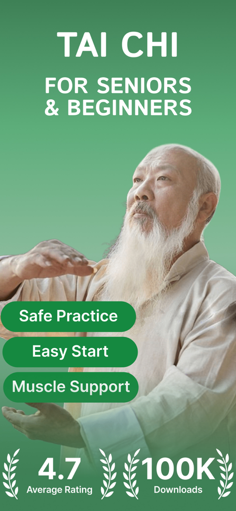 App di Tai Chi per anziani e principianti con un anziano che pratica movimenti delicati su uno sfondo verde.