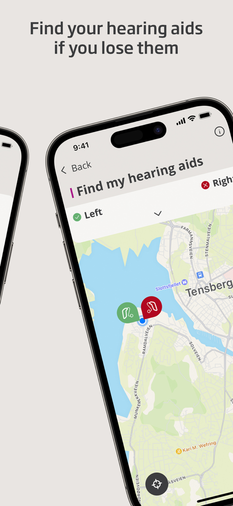 Oticon Companion app interface displaying a map to locate lost hearing aids.