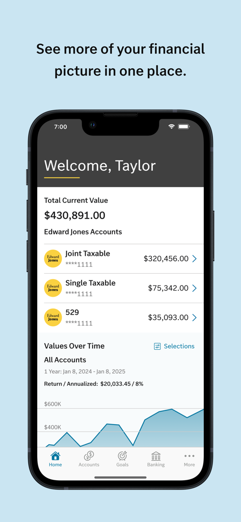 Edward Jones - Edward Jones mobile app showing account overview and investment growth chart