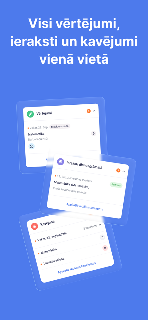 A promotional image showing the e-klase app interface with cards for grades, diary entries, and absences