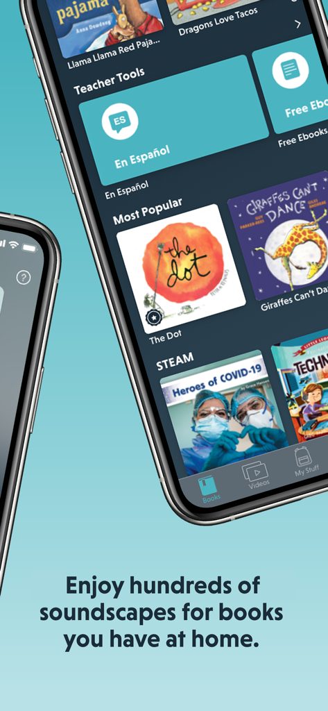 A mobile interface of the Novel Effect app showing book categories like Most Popular and STEAM with various children's book covers.