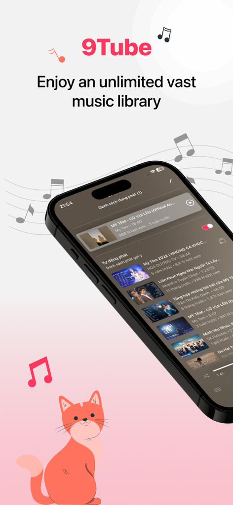 9Tube app interface on an iPhone showing an unlimited music library with a cute cat illustration.