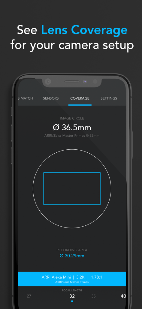 f8 Lens Toolkit - f8レンズツールキットアプリのインターフェース。カメラレンズのカバレッジとイメージサークル計算を表示しています。