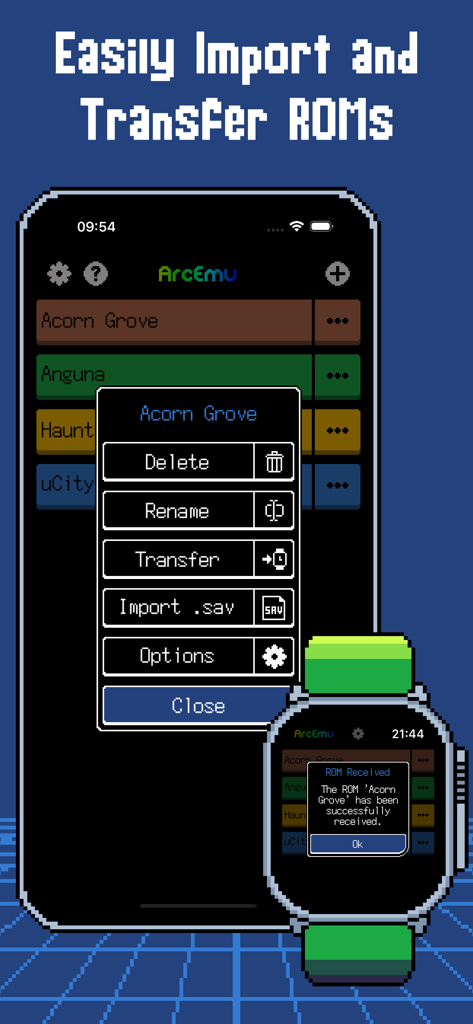 Interfaz móvil de ArcEmu mostrando el proceso de importación y transferencia de ROMs de juegos desde un iPhone a un Apple Watch