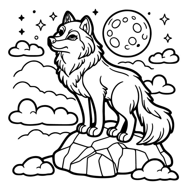 wolf on a rock with the moon in the background