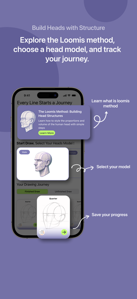WeDraw: Trace & Create - Interface de l'application WeDraw expliquant la méthode de Loomis pour dessiner les proportions de la tête humaine avec des modèles 3D.