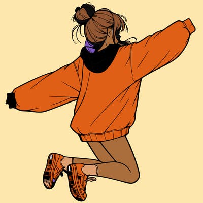 realistic girl jumping with a bun and oversized sweatshirt