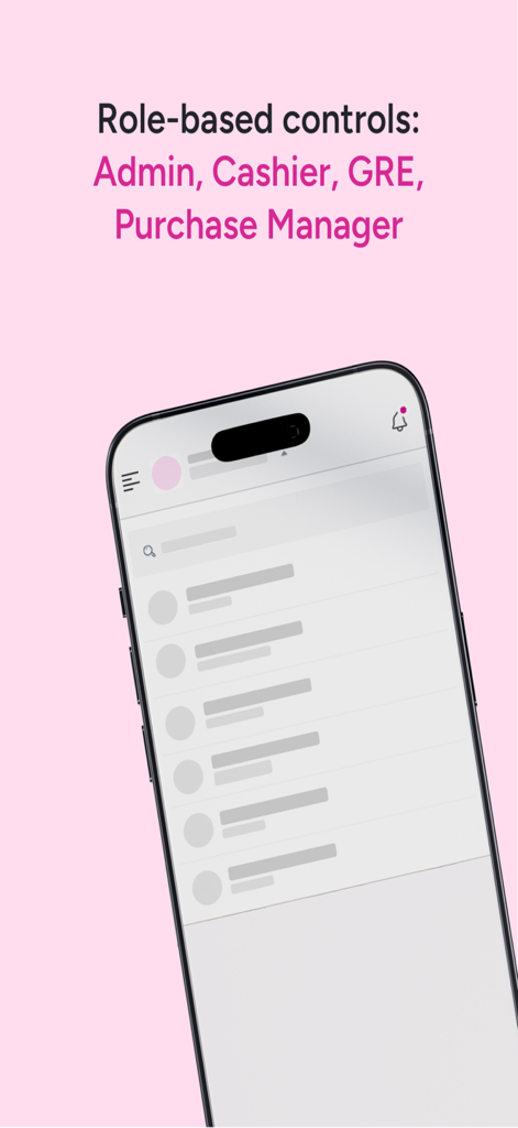 Oven - Benutzeroberfläche der Oven Restaurant-ERP-App mit rollenbasierten Steuerelementen für Admin, Kassierer, GRE und Einkaufsmanager.