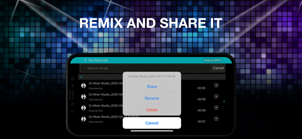 DJ Mixer Studio Pro:Mix Music - 공유 및 음악 녹음 관리를 위한 옵션과 함께 내 녹음 섹션을 표시하는 DJ Mixer Studio Pro 앱의 모바일 화면