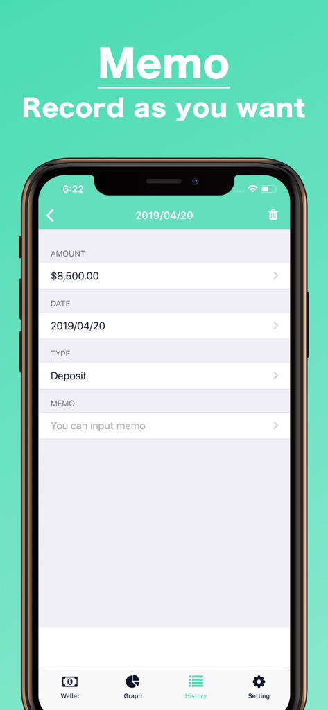 Interface for recording a cash deposit with amount and date details in the wallet management app