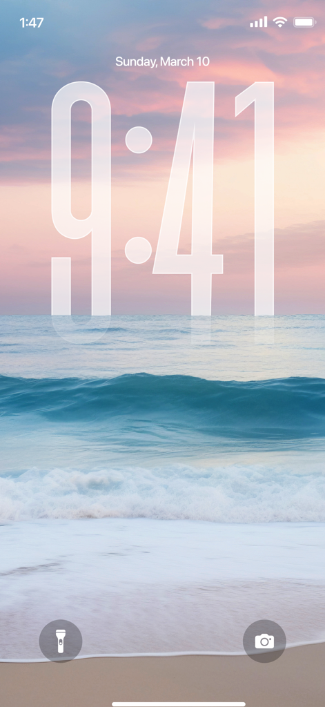 Wallpapers 4K HD Live Themes - An iPhone lock screen featuring a high quality aesthetic wallpaper of a serene ocean beach at sunset with soft pink and blue clouds.