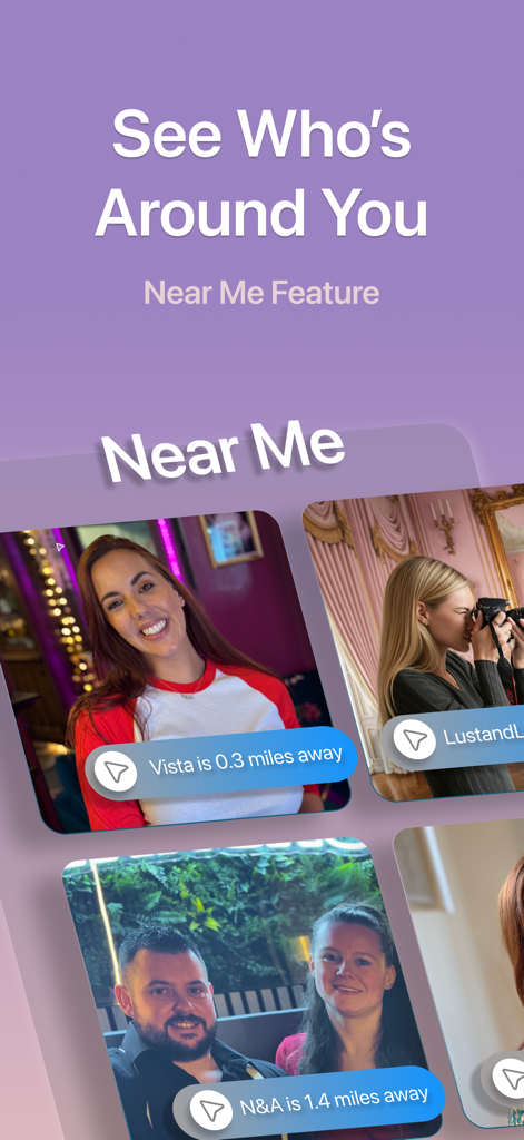 SwingHub: Open Dating & Social - SwingHub app Near Me feature displaying local dating profiles and distance information