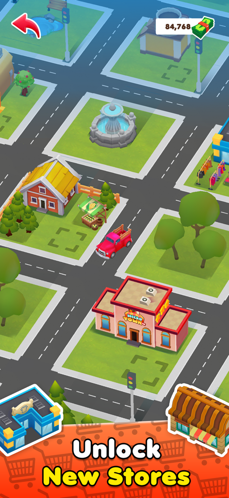 Vue isométrique d'une ville cartoon colorée dans MicroTown.io présentant des bâtiments, une fontaine et un camion de livraison rouge.