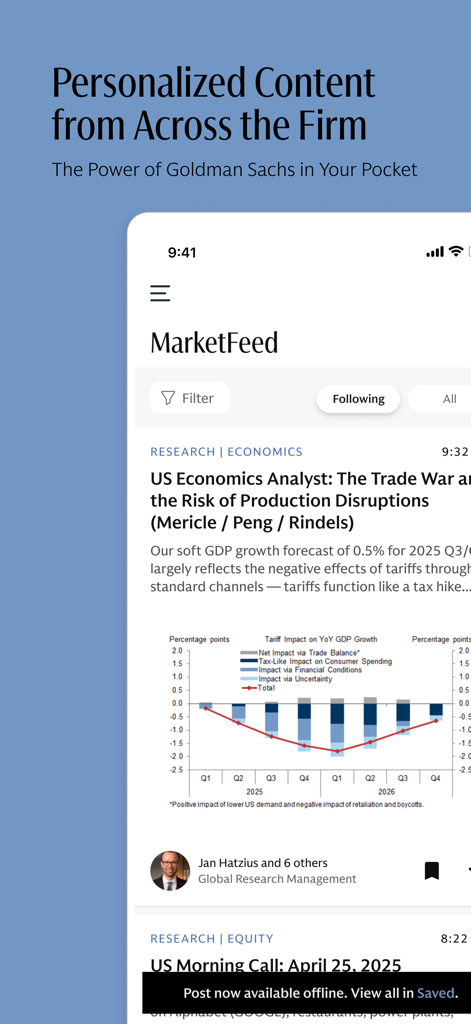 Goldman Sachs Marquee app MarketFeed showing an institutional research report on US economics with a GDP growth chart.