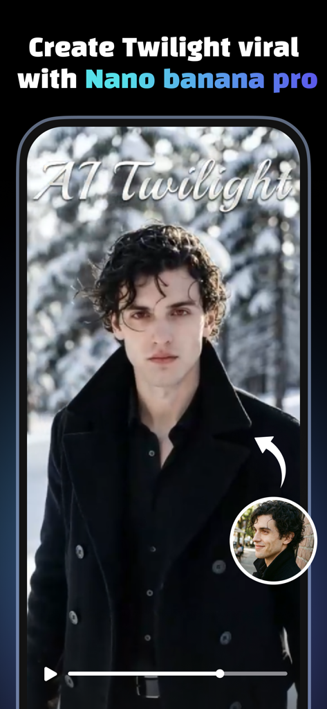 Creati: Gen AI Content Creator - Une interface d'application mobile montrant un portrait masculin transformé avec un effet cinématographique IA Twilight pour du contenu viral sur les réseaux sociaux