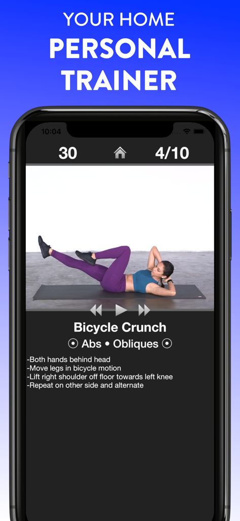 Daily Workouts - Daily Workouts mobile app screen showing a bicycle crunch exercise video and instructions for abs and obliques.
