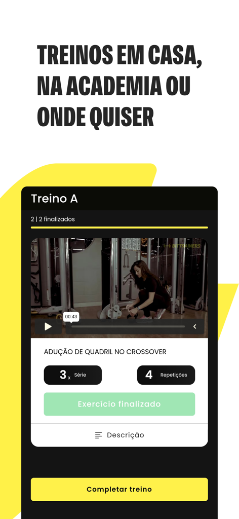 Bitt+ - Captura de tela do aplicativo móvel Bitt+ mostrando um vídeo de treino e rastreador de exercícios.