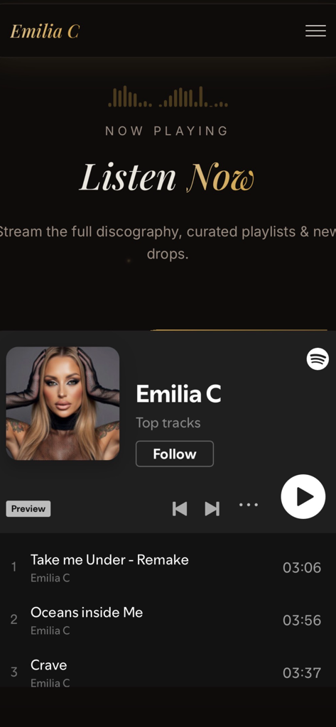 Emilia C - Interfaz del reproductor de música de la app de Emilia C con las mejores canciones y una sección de Escuchar Ahora con integración de Spotify.