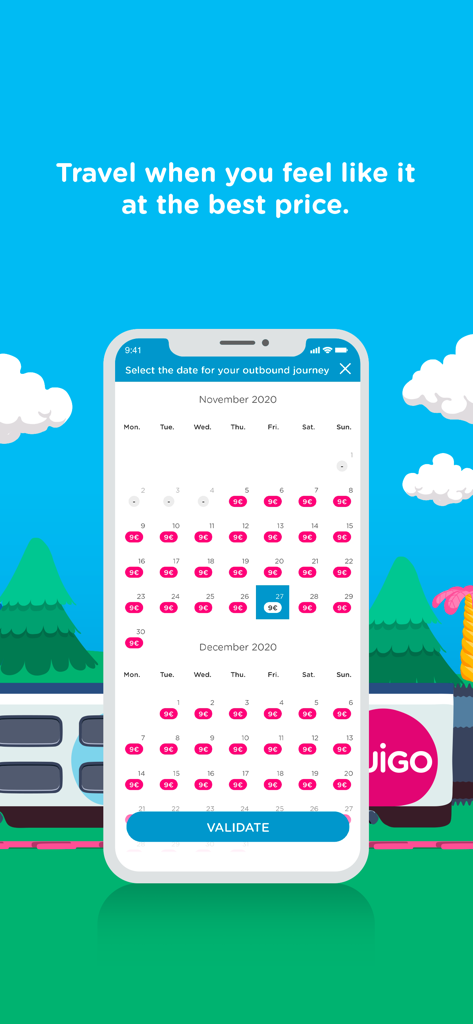 OUIGO Spain app booking interface displaying a calendar with 9 euro train tickets for multiple dates