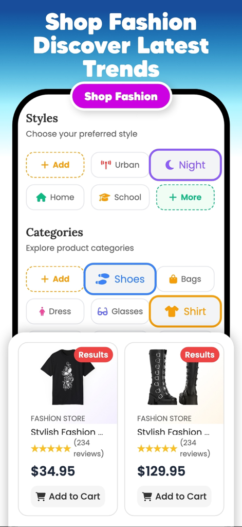 Combyne & Ai Try On - WearUp! - WearUp app screen showing fashion style options and shopping categories with listed products like shirts and boots.