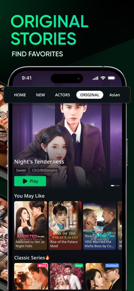 Screenshot of the Reelala app interface showing various original short drama categories and posters