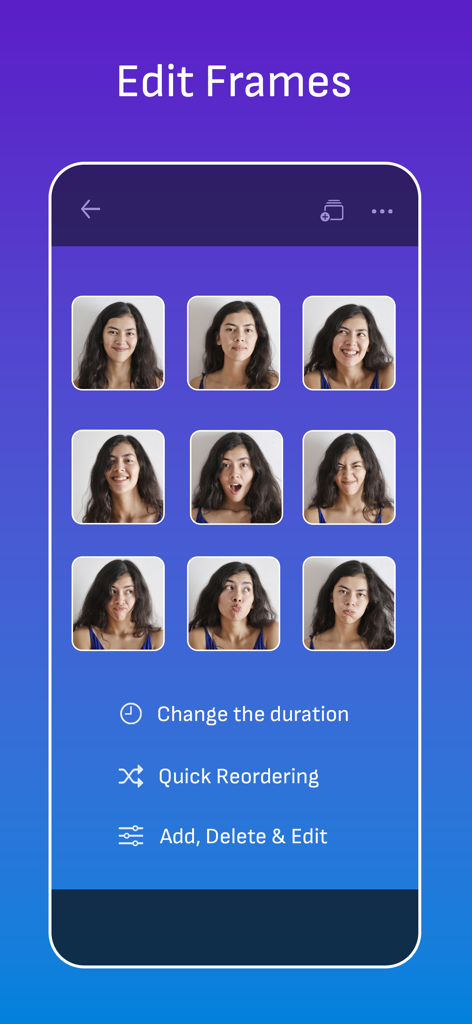GIF Maker Studio - Create Fun - Interfaz de la aplicación GIF Maker Studio mostrando una cuadrícula de fotogramas individuales y opciones para editar la duración y reordenarlos