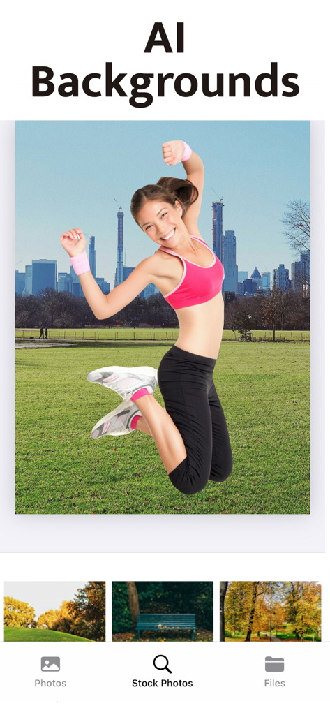 Interface de l'application Magic Eraser illustrant la fonctionnalité de remplacement d'arrière-plan par IA avec une femme sautant devant un parc urbain