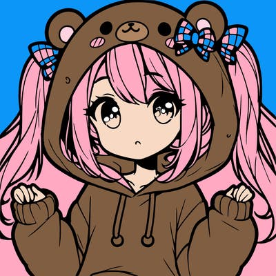 cute anime girl with ponytails and a cute bear hoodie
