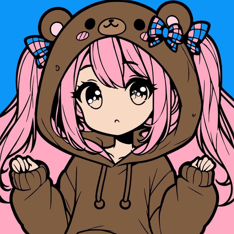 cute anime girl with ponytails and a cute bear hoodie