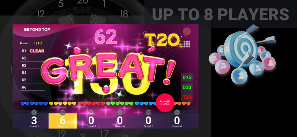 Granboard app multiplayer interface with scoring and award graphics