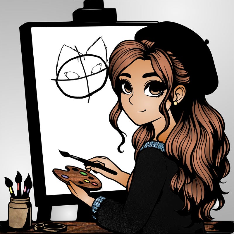 realistic girl artist painting a blank canvas