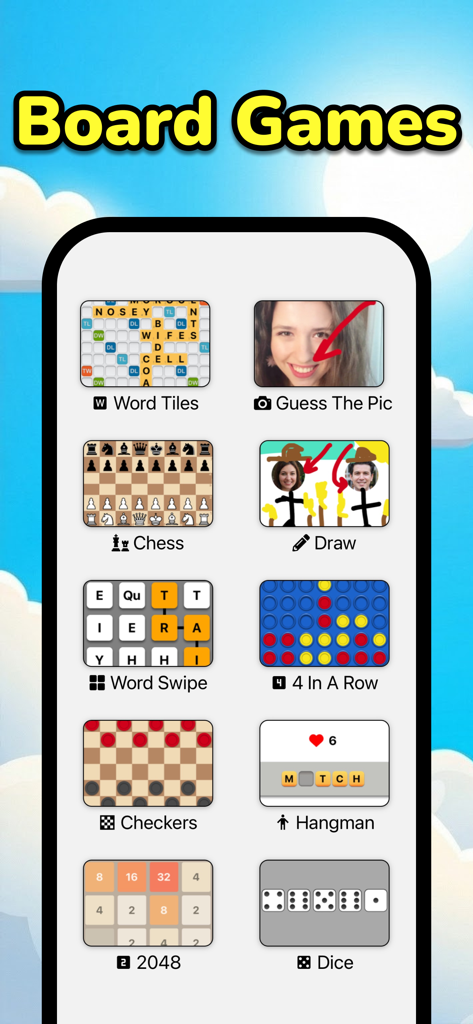 Mobilbildschirm, der ein Menü von Multiplayer-Brettspielen wie Schach, Dame und Wortkacheln zeigt.
