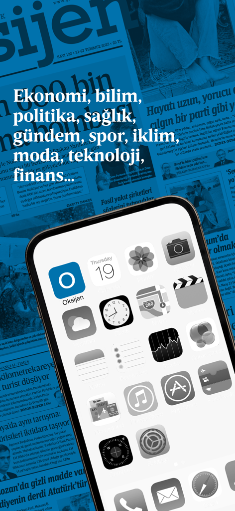 Oksijen Gazetesi - iPhone home screen showing the Oksijen Gazetesi app icon with a background of Turkish newspaper articles listing news categories