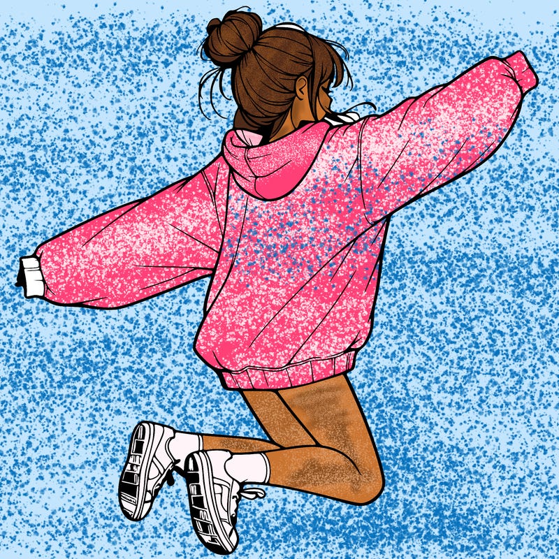 realistic girl jumping with a bun and oversized sweatshirt