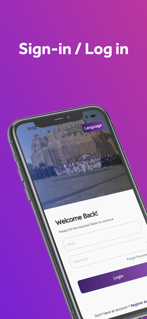 Event Masters app sign in screen on an iPhone showing email and password login fields