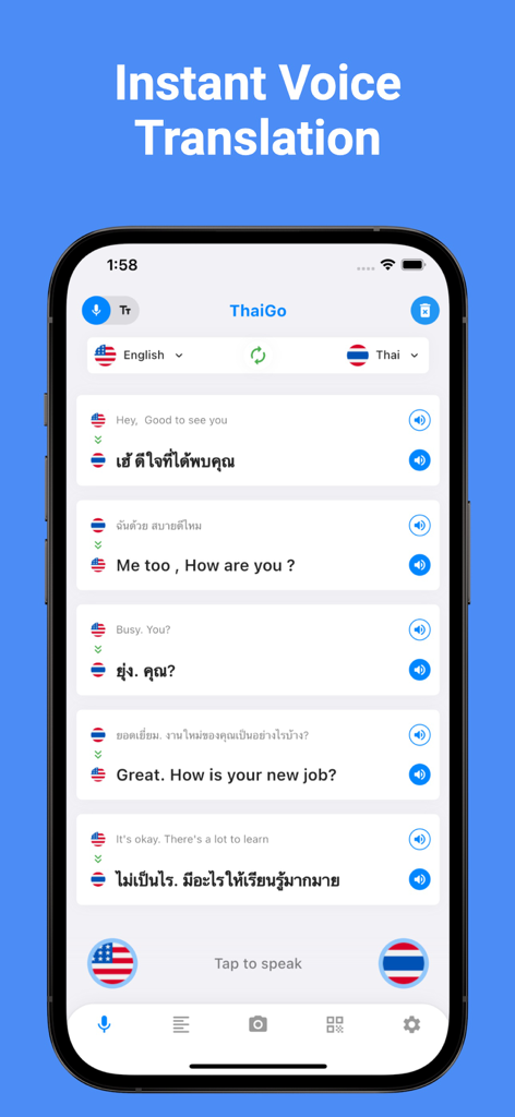 リアルタイムの英語とタイ語の会話翻訳を示すThaiGoアプリのスクリーンショット