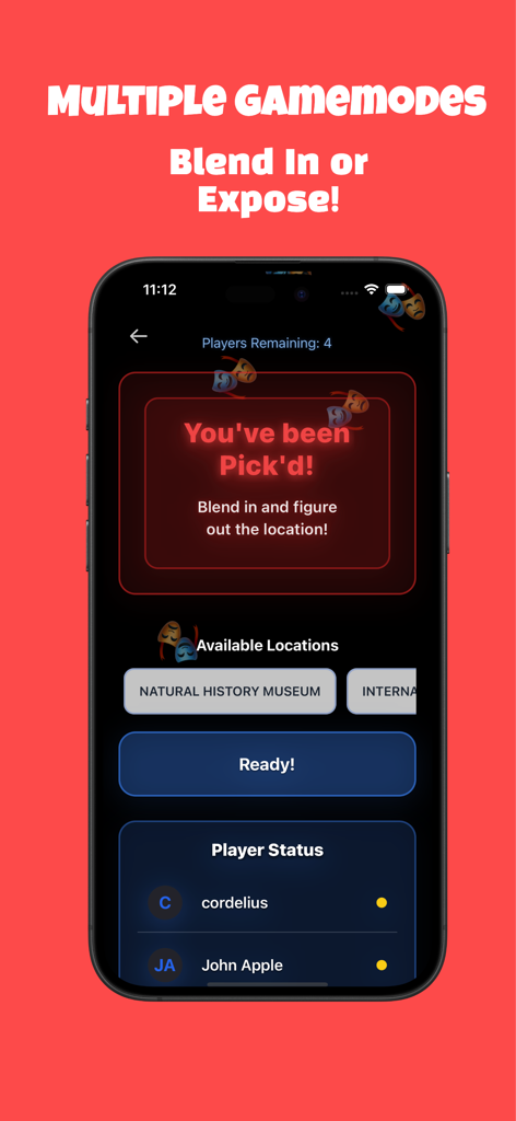 Pick'd - The Social Party Game - A screenshot of the Imposter Hunt game mode in the Pickd social party app showing a location guessing interface