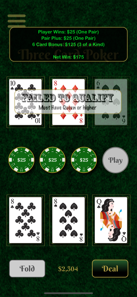 Riverboat Gambler - A gameplay screenshot of Three Card Poker in the Riverboat Gambler app showing a winning hand and betting chips on a green felt table.