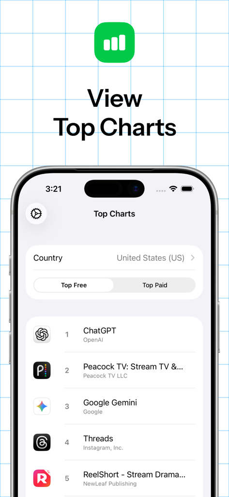 키워드 트래커에서 미국 인기 무료 앱 목록을 보여주는 iPhone 화면
