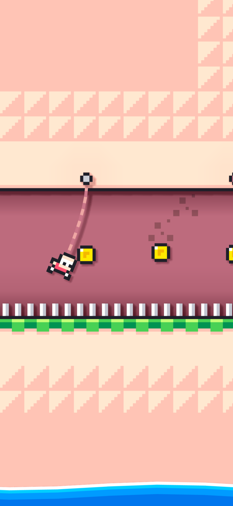 Roper - One Button Platformer - A pixel art character swinging from a rope to collect yellow coins in a minimalist platformer level.