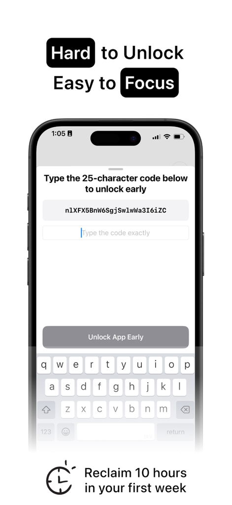 No Scroll app screen requiring a 25 character code to unlock apps and stop doomscrolling